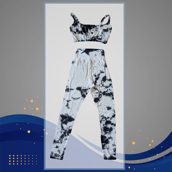 Year of Ours, Leggings & Bra Set, Loungewear Navy Blue/Cream Tie Dye, Sz S - Picture 5 of 5